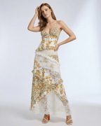 Elara Maxi Dress, floral lace ruffle, V-neck design by Lauven, lightweight and airy feel, perfect for summer occasions.