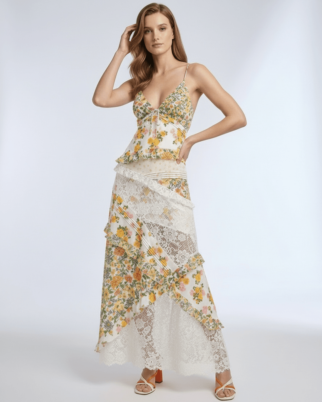 Elara Maxi Dress featuring floral lace ruffles, V-neck design, lightweight fabric for a breezy feel by Lauven.