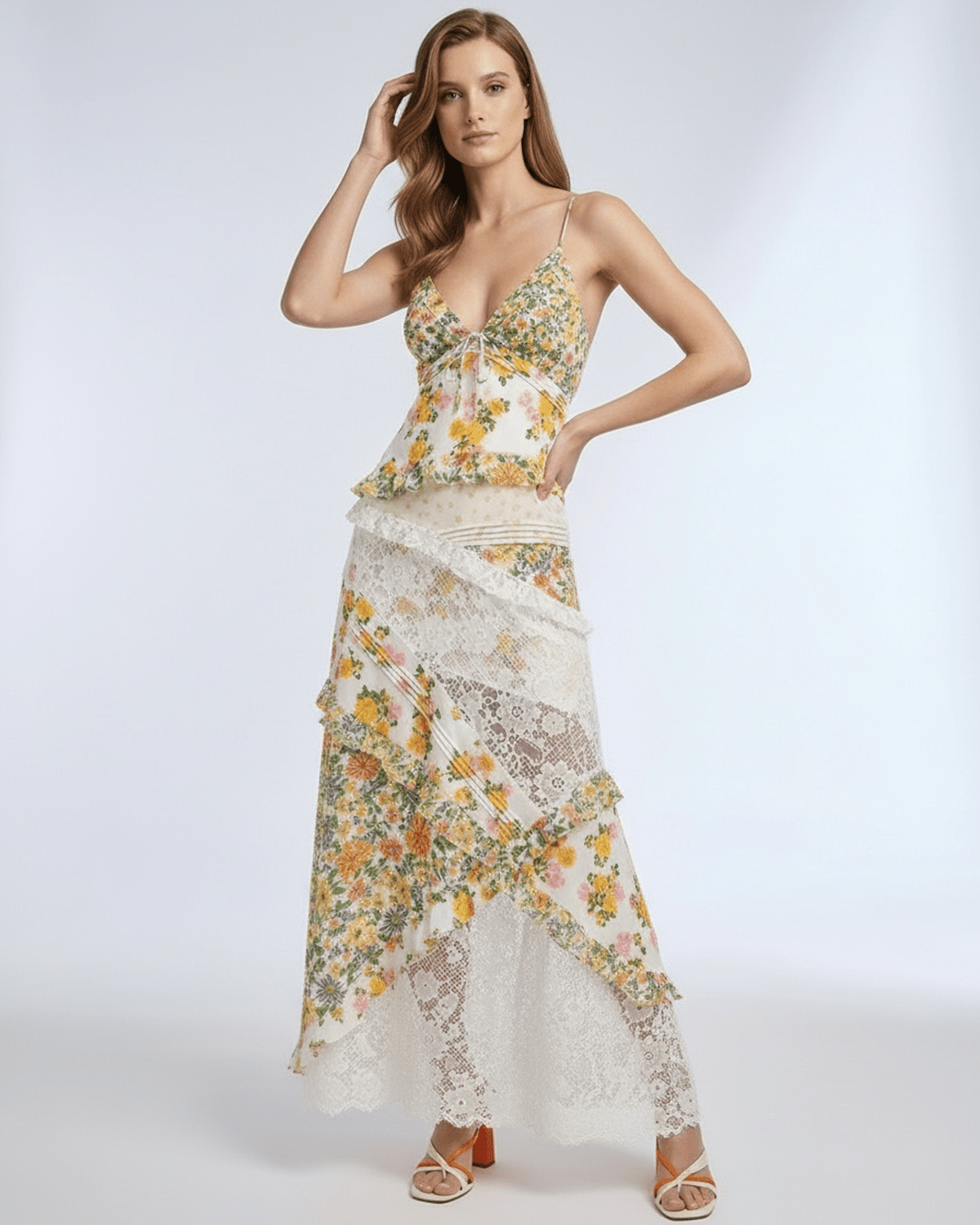 Elara Maxi Dress featuring floral lace ruffles, V-neck design, lightweight fabric for a breezy feel by Lauven.
