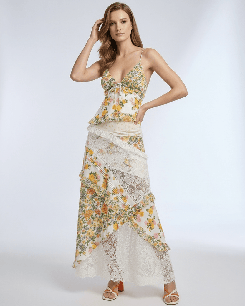 Elara Maxi Dress featuring floral lace ruffles, V-neck design, lightweight fabric for a breezy feel by Lauven.