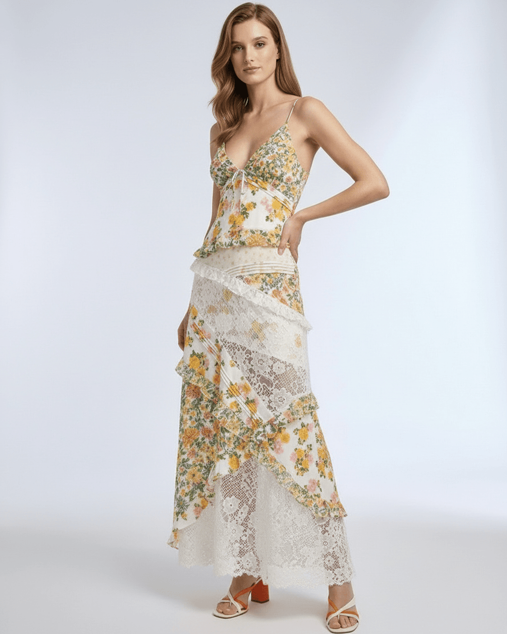 Elara Maxi Dress - Floral lace ruffle V-neck with ivory base, yellow-green patterns from Lauven, airy feel.