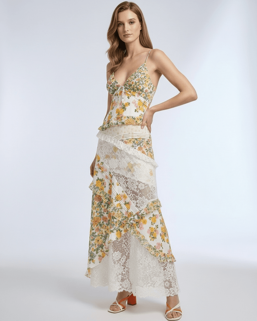 Elara Maxi Dress - Floral lace ruffle V-neck with ivory base, yellow-green patterns from Lauven, airy feel.
