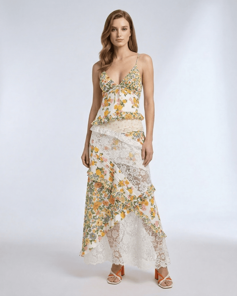 Elara Maxi Dress featuring floral lace ruffle V-neck, soft ivory base with yellow and green patterns by Lauven.