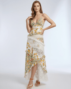Elara Maxi Dress - Floral lace ruffle V-neck design with ivory base and floral patterns by Lauven.