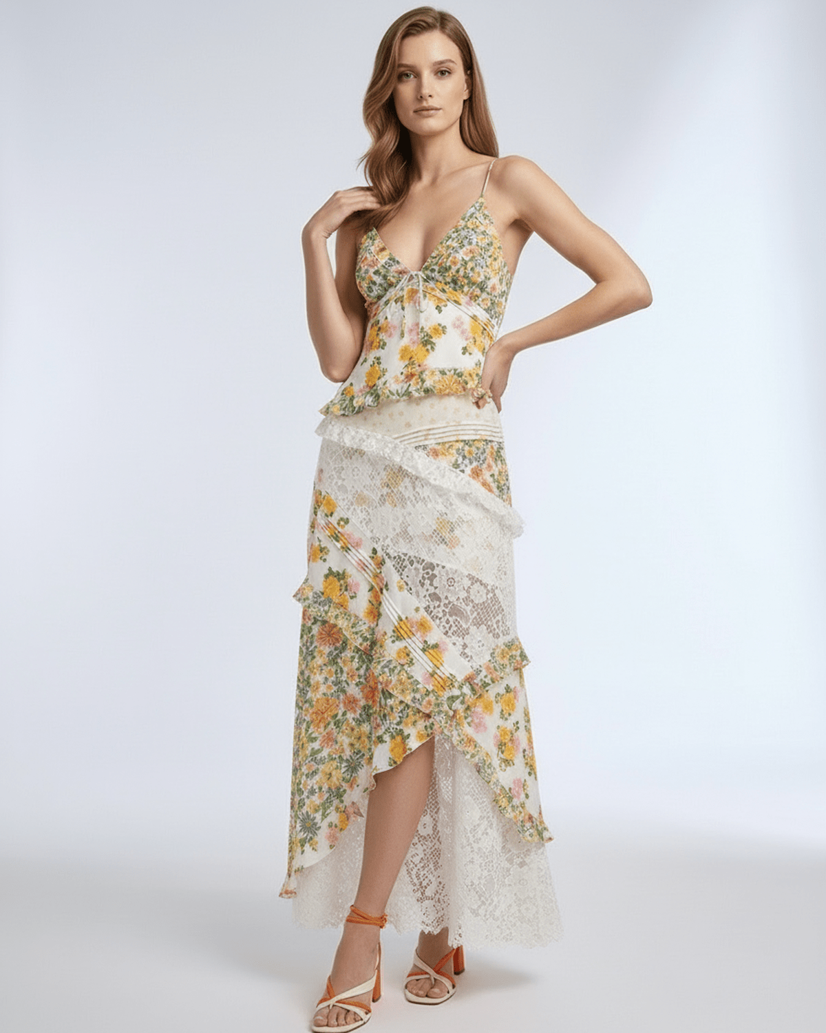 Elara Maxi Dress - Floral lace ruffle V-neck design with ivory base and floral patterns by Lauven.