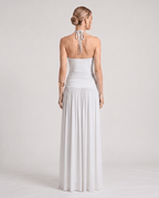 Elara Maxi Dress back view showcasing halter neck, smooth stretch jersey, and flowing silhouette by Lauven.