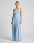 Elara Maxi Dress in soft blue, featuring stretch jersey, halter neck, and flowing full-length skirt by Lauven.