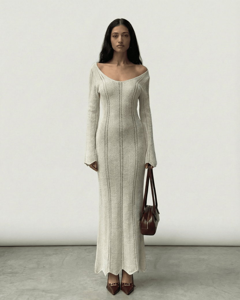 Elara Maxi Dress by Lauven - Ribbed V-Neck Bodycon Dress with Long Flare Sleeves