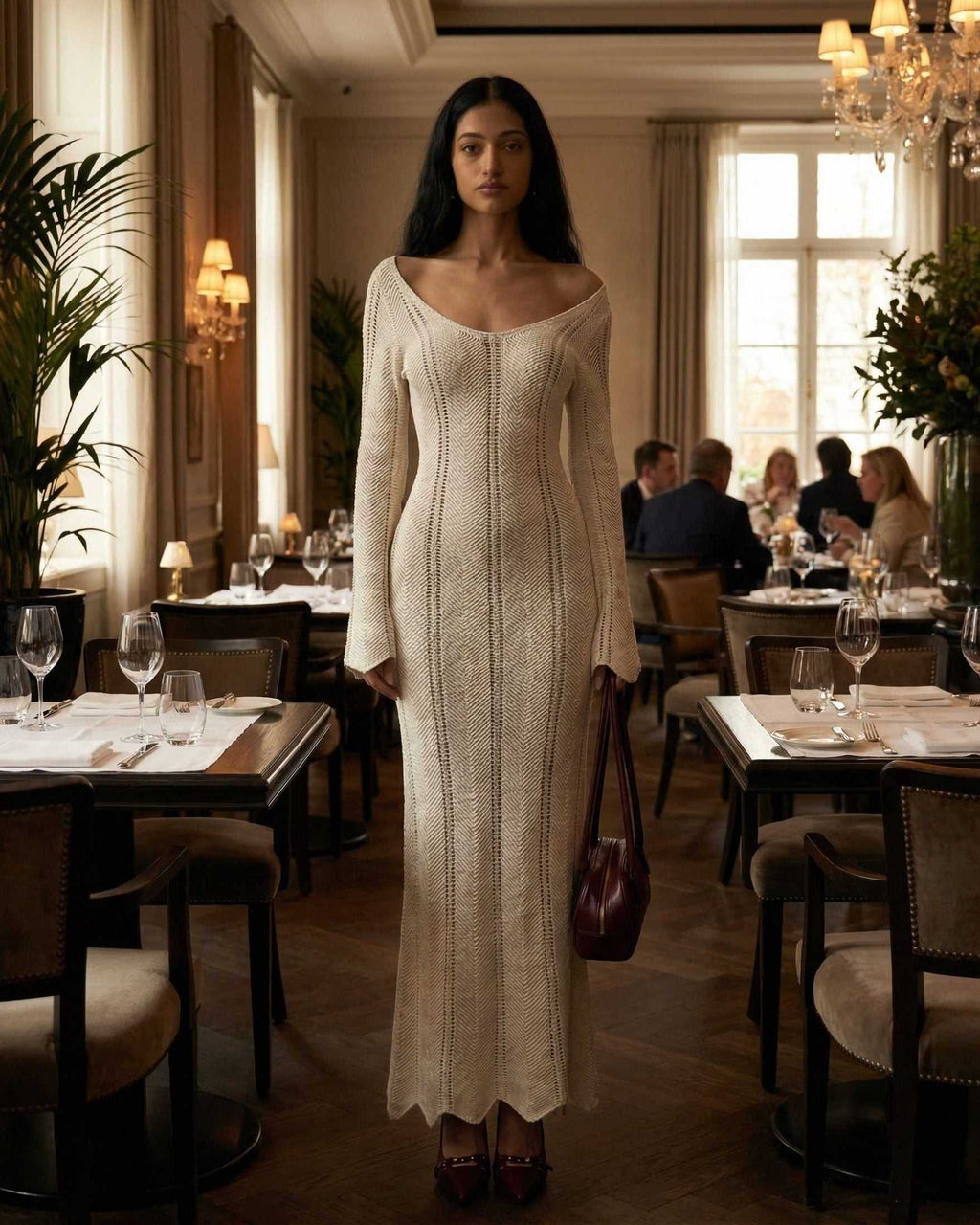 Elara Maxi Dress by Lauven featuring a ribbed V-neck and long flare sleeves, showcased in an elegant dining setting.