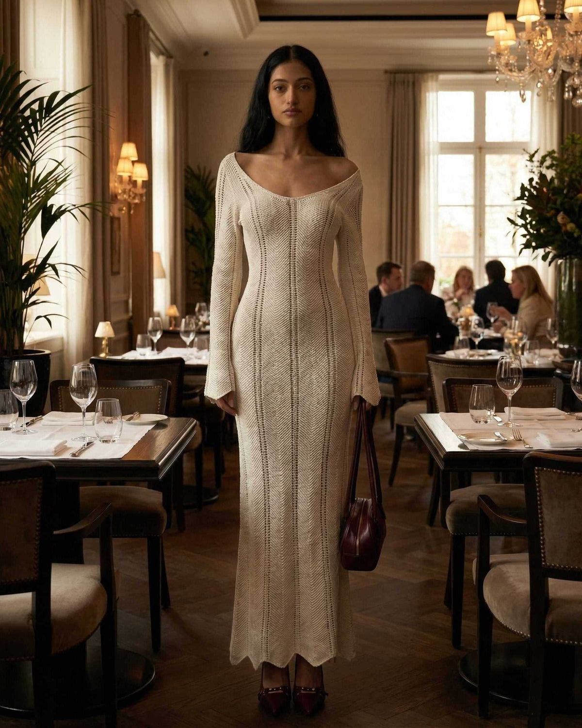 Elara Maxi Dress by Lauven featuring a ribbed V-neck and long flare sleeves, showcased in an elegant dining setting.