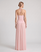 Elara Maxi Dress featuring a halter neck, ruched waist, flowing skirt, made of soft stretch jersey by Lauven.