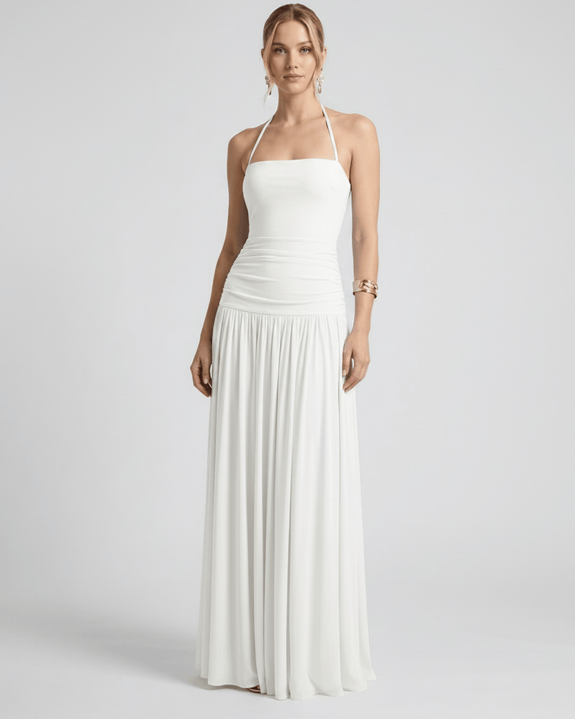 Elara Maxi Dress - stylish halter neck, smooth stretch jersey, fluid shape, by Lauven, perfect for elegant occasions.