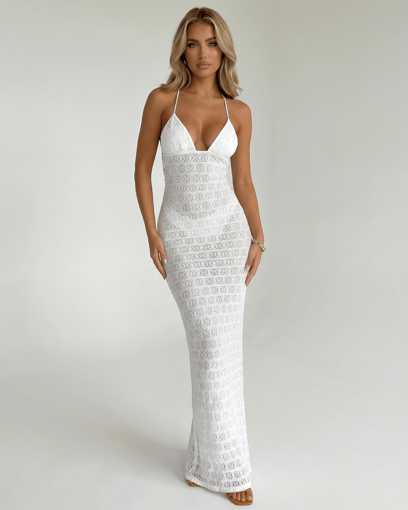 Elara Maxi Dress by Lauven: Elegant white lace V-neck halter dress featuring a sleek silhouette and delicate design.
