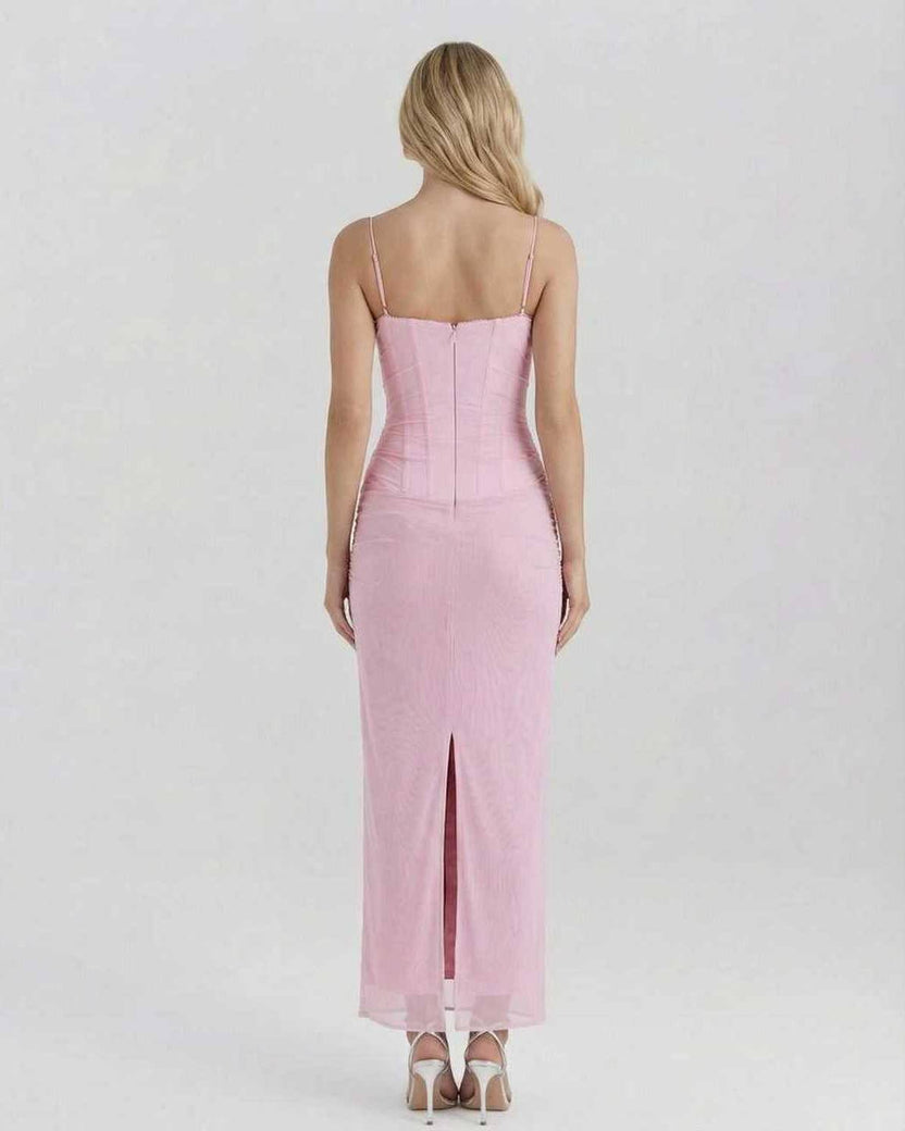 Elara Maxi Dress back view in pink mesh with lace, slim fit, by Lauven, showcasing elegance and sophistication.