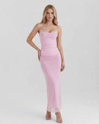 Elara Maxi Dress - Pink Mesh Maxi Dress with Lace Detail by Lauven, offering a slim fit silhouette and elegant draped neckline.
