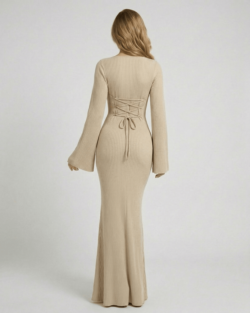 Back view of Elara Maxi Dress in beige, showcasing ribbed knit fabric and elegant long sleeves by Lauven.