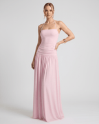 Elara Maxi Dress by Lauven, halter neck, stretch jersey, airy full-length skirt with subtle ruching, perfect for elegant occasions.