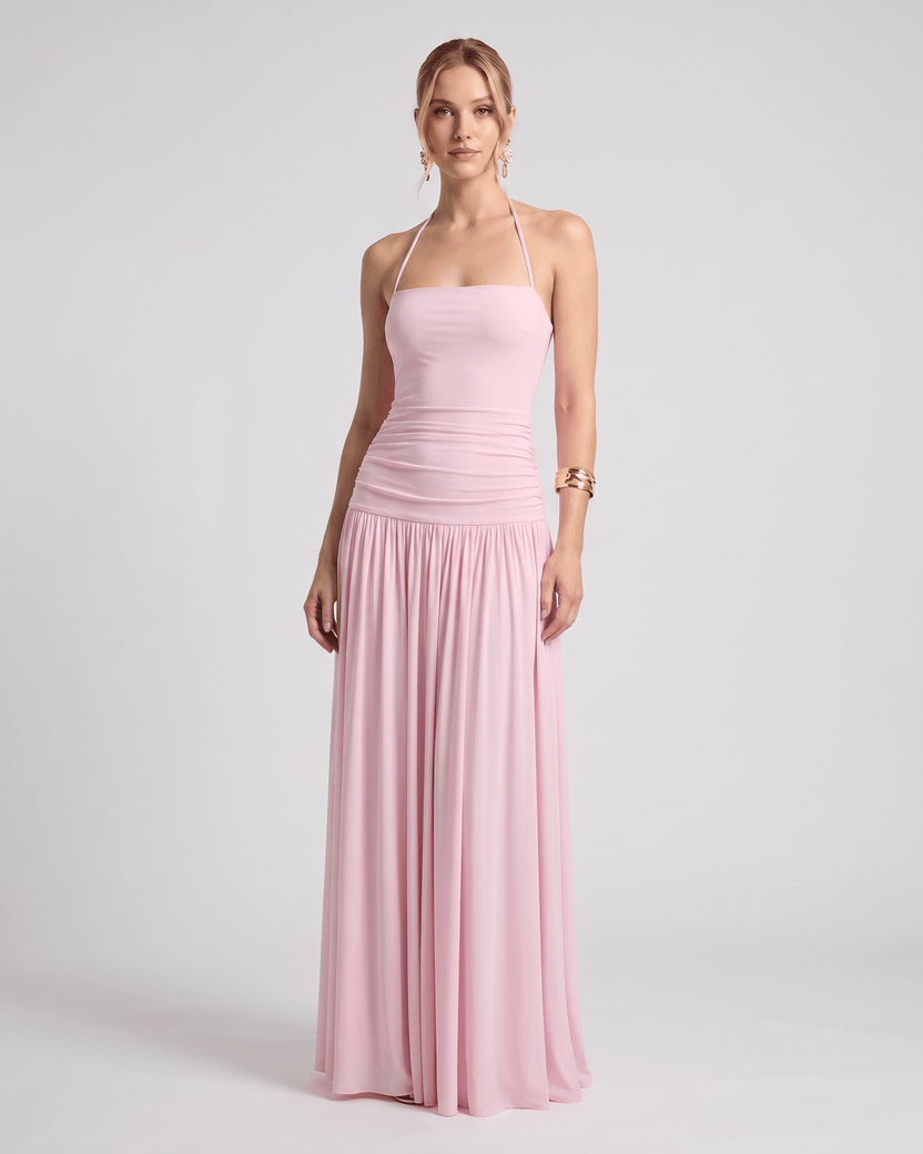 Elara Maxi Dress in soft pink stretch jersey, halter neck design with a flowing skirt, by Lauven.