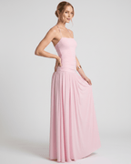Elara Maxi Dress in pink, featuring stretch jersey, halter neck, ruched waist, and an elegant flow by Lauven.