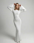 Elara Maxi Dress - White A-Line with flare sleeves, backless design, modern elegance, from Lauven.