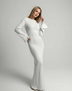 Elara Maxi Dress in white A-line silhouette with flare sleeves and backless detail by Lauven.