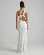 Elara Maxi Dress - Back view featuring asymmetrical draping and backless design by Lauven, exuding elegance.