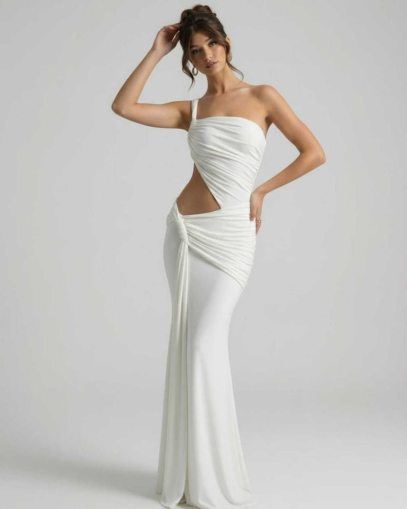 Elara Maxi Dress featuring asymmetrical draping, backless design, and sculptural elegance by Lauven.