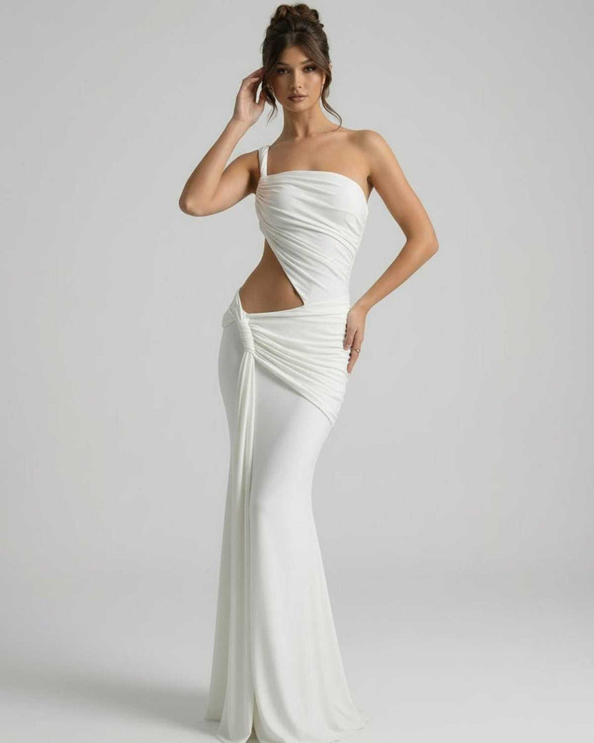 Elara Maxi Dress - White backless dress with asymmetrical draping and elegant silhouette by Lauven.
