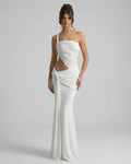 Elara Maxi Dress featuring asymmetrical draping, backless detail, and side cutout by Lauven.