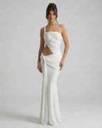 Elara Maxi Dress featuring asymmetrical draping, backless detail, and side cutout by Lauven.