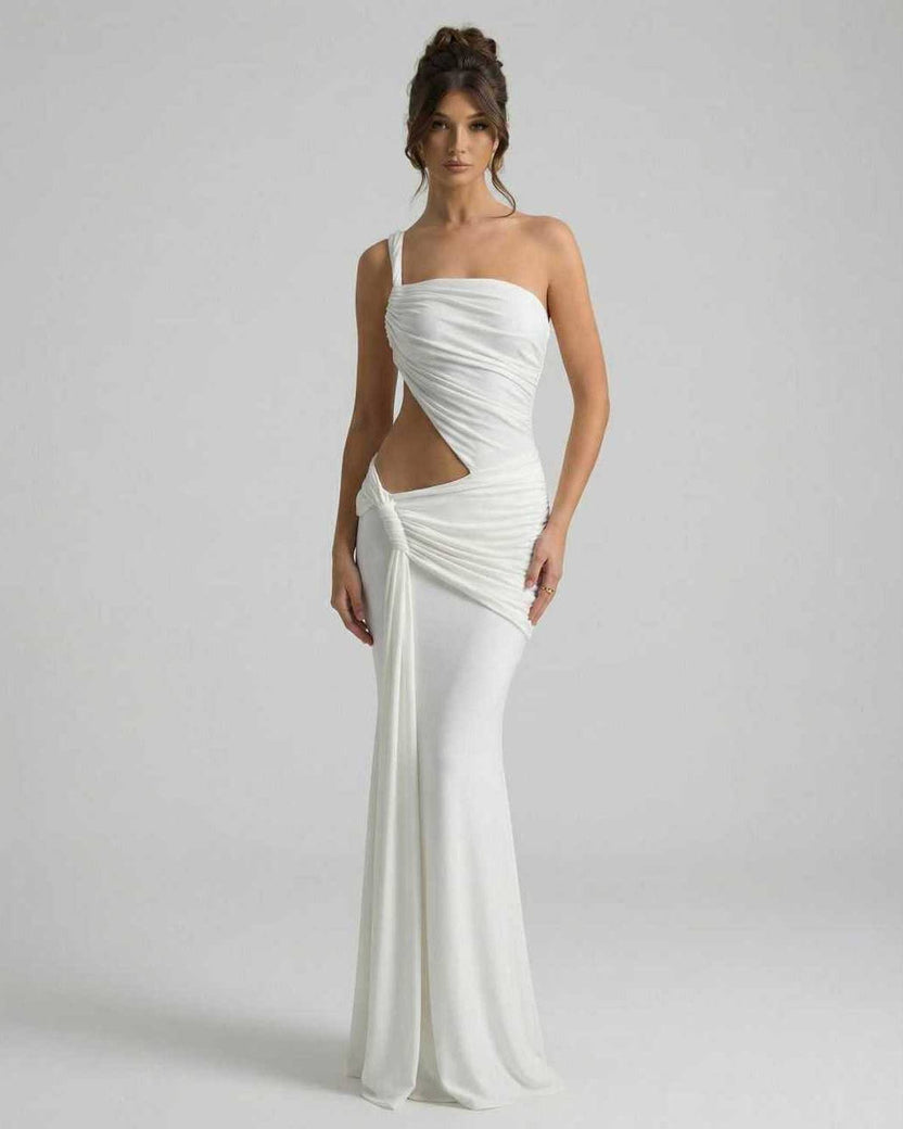Elara Maxi Dress featuring asymmetrical draping, backless detail, and side cutout by Lauven.