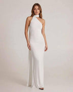 Elara Maxi Dress - White halter neck maxi dress with open back sash detail by Lauven.
