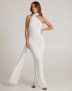 Elara Maxi Dress showcasing a halter neck and open back sash detail, perfect for elegant evening wear by Lauven.