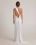 Elara Maxi Dress – Back view showing halter neck, open back, elongated sash detail by Lauven in white.