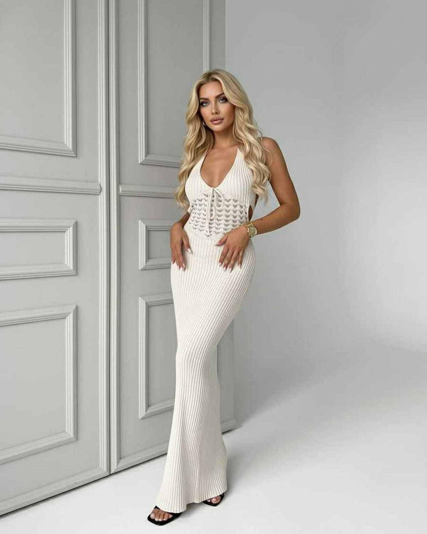 Elara Maxi Dress - White Knit Maxi Dress with Deep V-Neck, Ribbed Design by Lauven, Elegant Day-to-Evening Wear.
