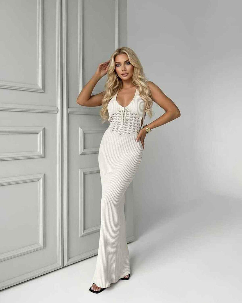 Elara Maxi Dress - White Knit Maxi Dress with Deep V-Neck and Elegant Ribbed Silhouette by Lauven