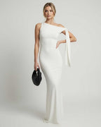 Elara Maxi Dress - Elegant white one shoulder maxi dress by Lauven, featuring a sleek silhouette and floor-length design.