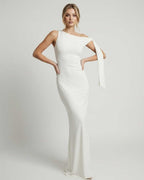 Elara Maxi Dress - White one shoulder, elegant floor length silhouette by Lauven, smooth stretch fabric, perfect for formal occasions.