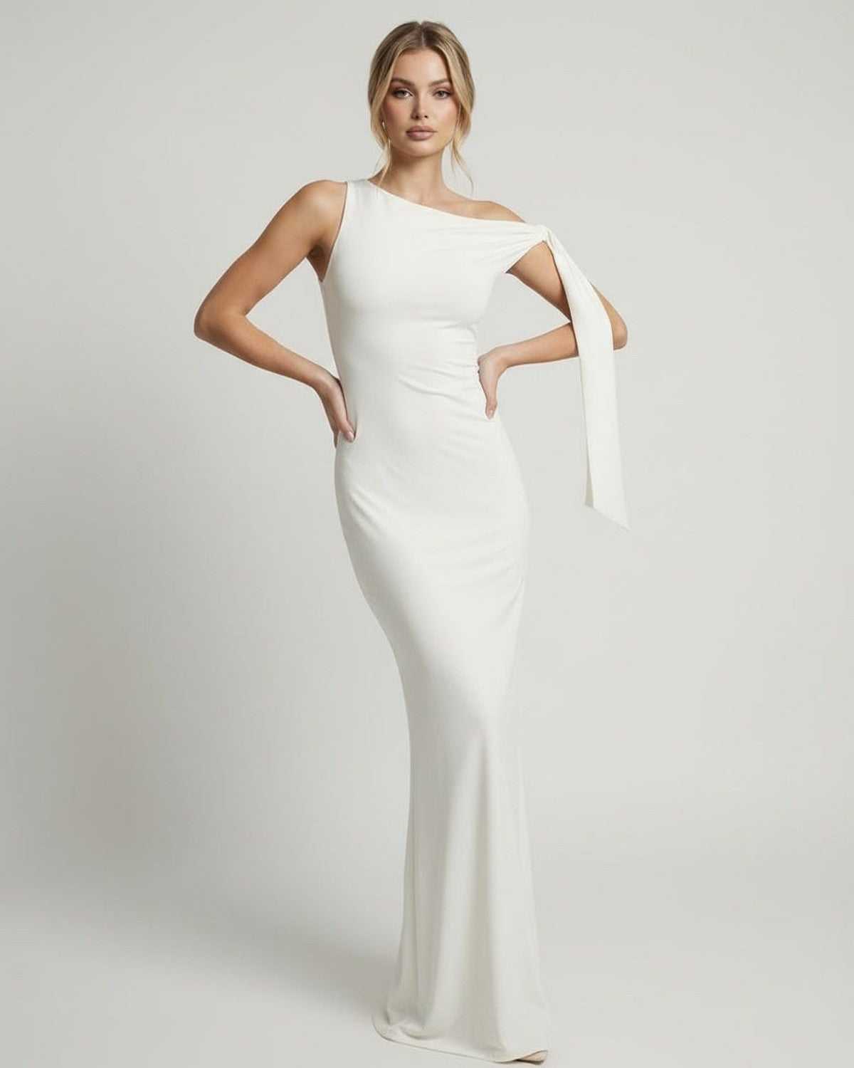 Elara Maxi Dress - White one shoulder, elegant floor length silhouette by Lauven, smooth stretch fabric, perfect for formal occasions.