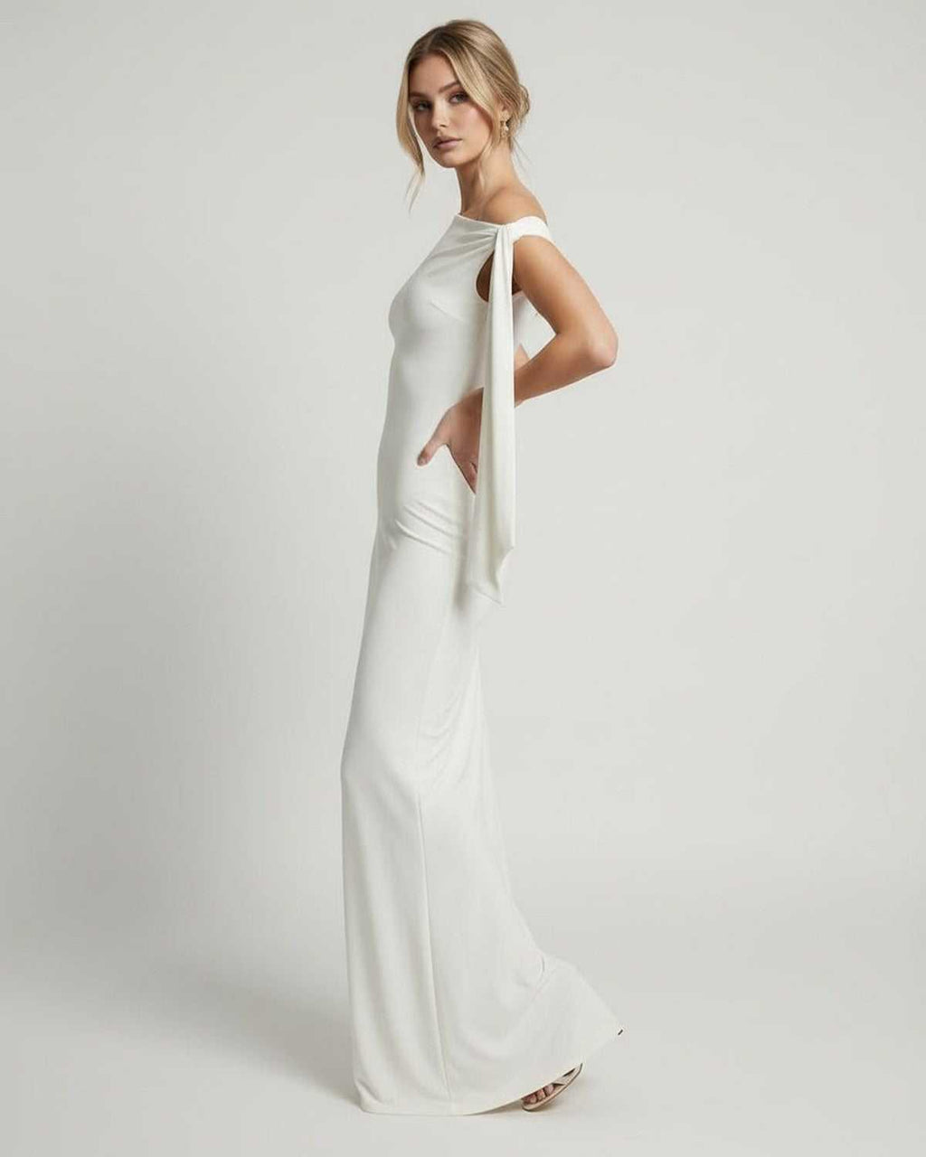 Elara Maxi Dress - Elegant white one shoulder maxi dress by Lauven featuring sleek silhouette and soft stretch fabric.