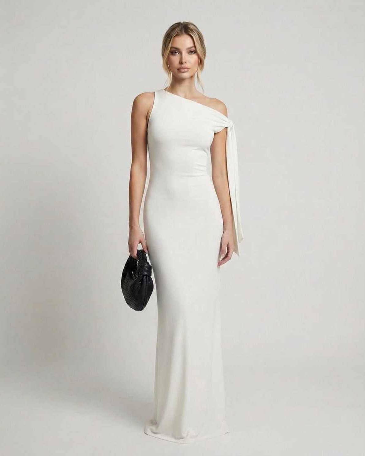 Elara Maxi Dress – Elegant white one shoulder design, sleek silhouette, by Lauven, perfect for formal occasions.