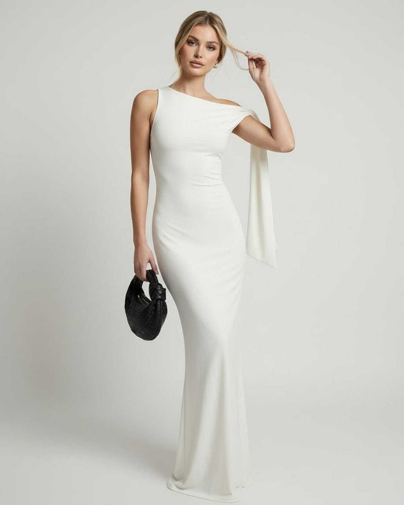 Elara Maxi Dress – Elegant white one shoulder maxi dress by Lauven with sleek silhouette and fluid drape.
