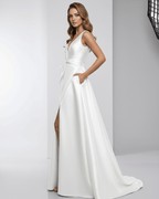 Elara Maxi Dress in white satin, A-line silhouette, deep V-neck, elegant and refined by Lauven.