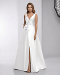 Elara Maxi Dress - white satin A-line gown with V-neck, bow detail, elegant floor-length silhouette by Lauven.