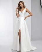 Elara Maxi Dress – White satin A-Line V-Neck dress with bow detail for elegance by Lauven.