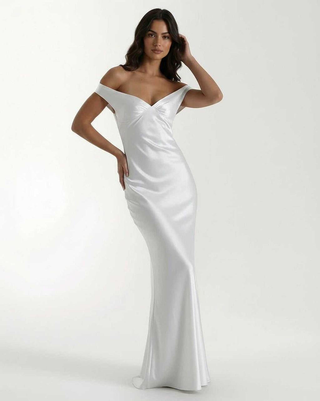 Elara Maxi Dress, white satin off shoulder silhouette, elegant occasionwear by Lauven, showcasing sleek floor-length design.