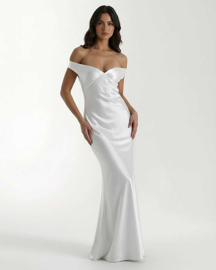 Elara Maxi Dress - White satin off shoulder dress showcasing elegance, fluid drape, by Lauven.