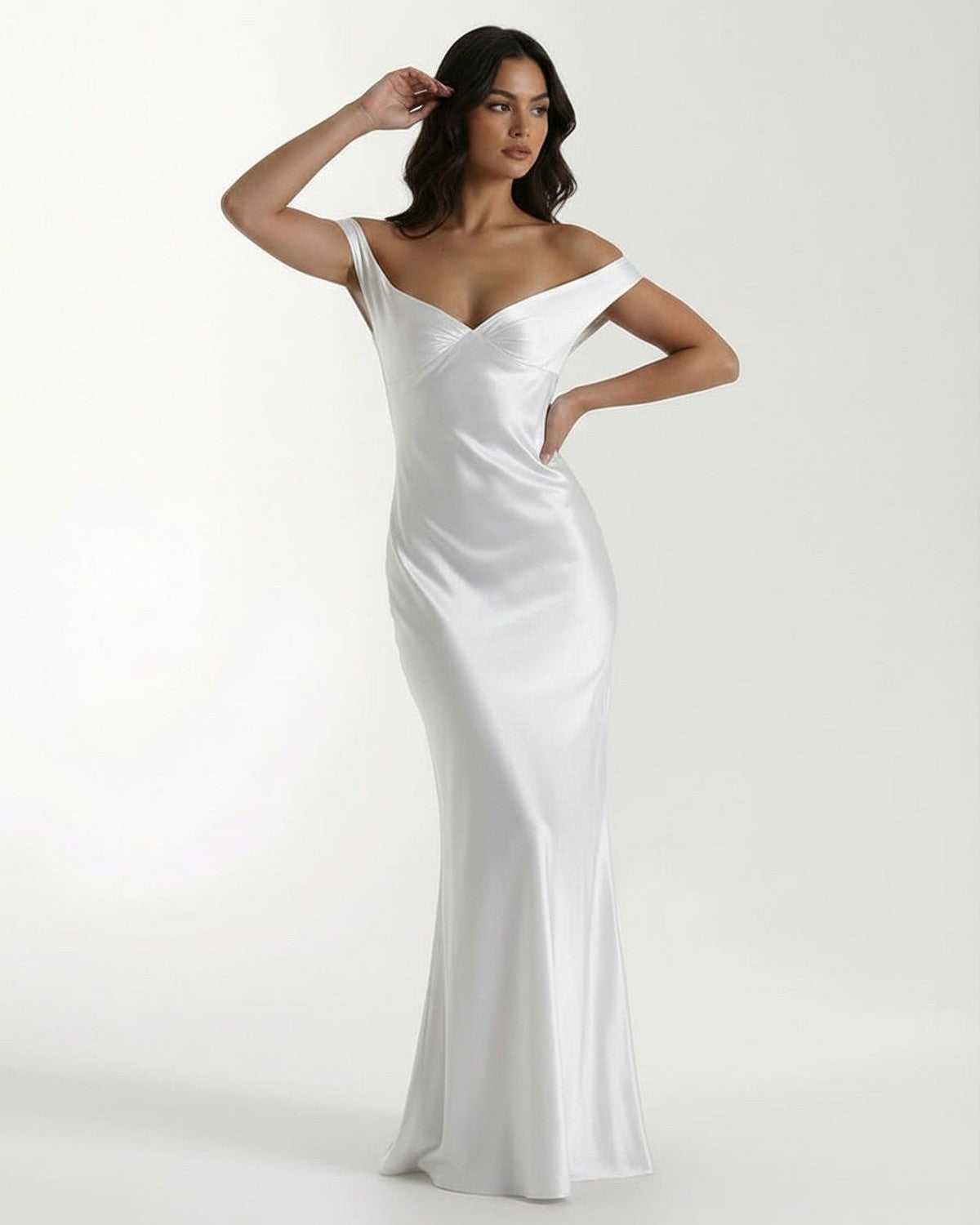 Elara Maxi Dress, white satin fabric, off shoulder silhouette, elegant modern occasionwear by Lauven.