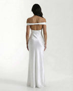 Elara Maxi Dress back view showing off shoulder design, sleek satin fabric, part of Lauven collection for elegant occasions.