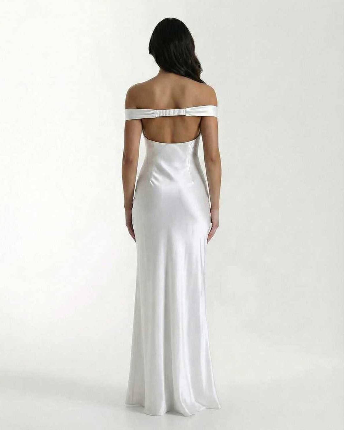 Elara Maxi Dress back view showing off shoulder design, sleek satin fabric, part of Lauven collection for elegant occasions.